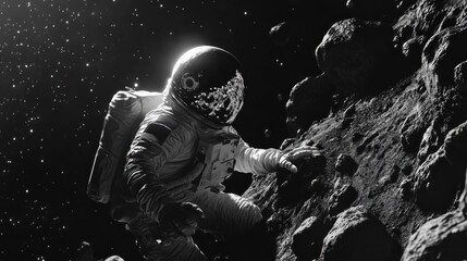 Fototapeta premium Astronaut climbing asteroid, space exploration, cosmic background, science fiction
