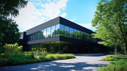 Obraz premium Modern architecture featuring sleek black building surrounded by lush greenery and vibrant landscaping. clear blue sky enhances contemporary design and tranquil atmosphere