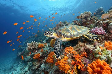 Majestic Sea Turtle Swimming Among Vibrant Coral Reef Surrounded by Colorful Tropical Fish in Clear Blue Ocean Water