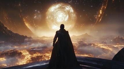 Solitary Figure Contemplates Celestial Event on Alien World
