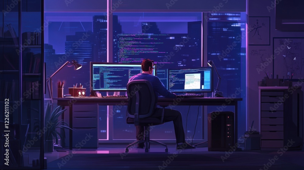 Poster coding session at night office environment digital art modern workspace programmer's perspective