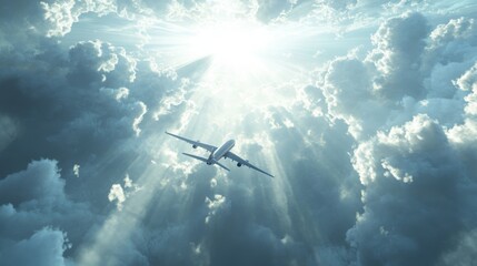 Naklejka premium 5.A 3D depiction of an airplane flying across a beautiful, expansive sky filled with wispy clouds. The scene is bright and optimistic, with rays of sunlight breaking through the clouds and
