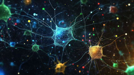 Neural network visualization with colorful nodes and connections, representing complex data interactions and structures in digital space
