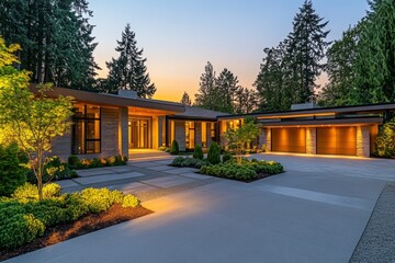Obraz premium Modern architecture shines at dusk with warm lighting in a serene forest setting