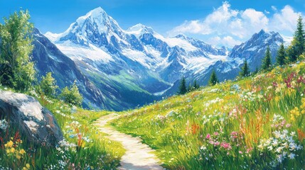 Fototapeta premium 15.A breathtaking view of the Tour du Mont Blanc trail, where a winding path cuts through vibrant alpine meadows beneath the towering Mont Blanc massif. The snow-covered peaks rise dramatically in