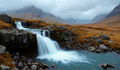Fototapeta premium Majestic waterfall flowing through rocky terrain in a misty mountainous landscape with autumn colors.
