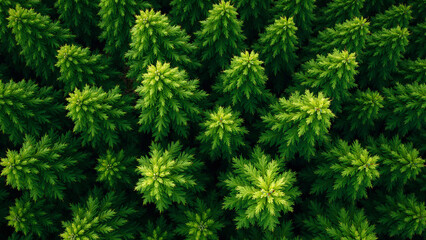 Aerial view of lush green pine forest with dense tree canopy creating a natural pattern.