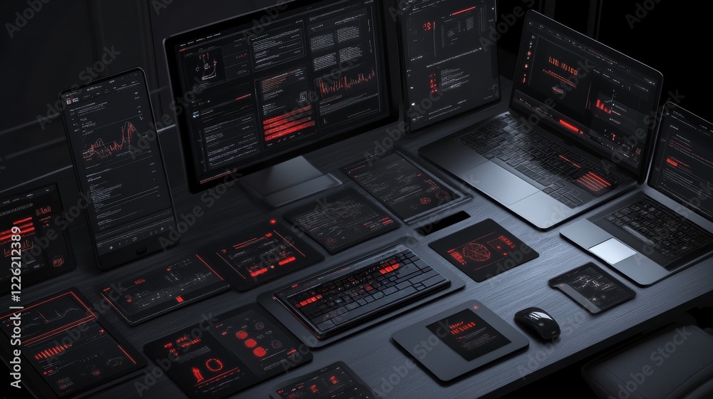 Poster analyzing data trends using multiple devices home office digital display dark environment overhead v