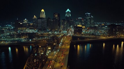 Fototapeta premium 24.A high-angle shot of Cincinnati's downtown district during the nighttime, with a clear view of the city's bustling skyline. The towering skyscrapers are aglow, their lights reflecting in the river