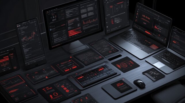 Analyzing data trends using multiple devices home office digital display dark environment overhead viewpoint