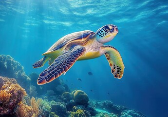 Obraz premium Majestic Sea Turtle Swimming Gracefully Through Vibrant Coral Reefs in Clear Blue Ocean Waters Under Sunlight Rays