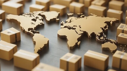 Global logistics and shipping concept with golden world map and cardboard boxes on table
