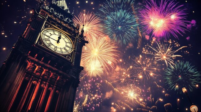 38.A breathtaking scene of fireworks exploding over the clock tower in Montreal, with vibrant colors illuminating the night sky. The clock tower, an architectural landmark, stands proudly in the