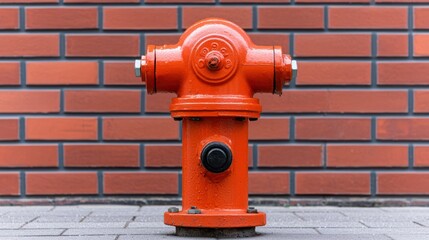 A bright orange fire hydrant against a brick wall, designed for emergency water access.