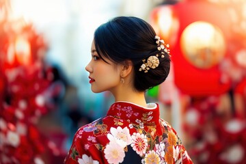 Elegant Japanese Woman in Red Kimono Surrounded by Lanterns and Blossoms