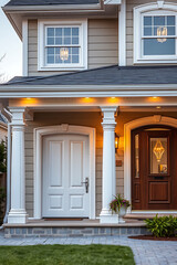 Fototapeta premium Elegant Home Exterior with Columns and Porch at Dusk. Beautiful architecture and landscaping details. Real Estate photography