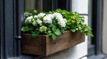 A wooden planter filled with lush green plants and white flowers by a window.