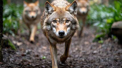 Obraz premium Three wolves walking through a forested area, showcasing their natural habitat.