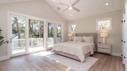 Fototapeta premium Coastal bedroom with sliding glass doors to deck, hardwood floors
