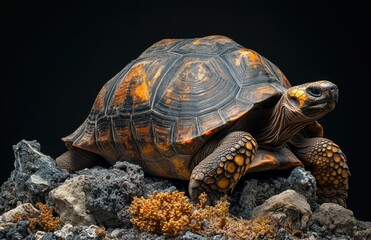 Obraz premium Majestic Tortoise Resting on Rocky Surface Surrounded by Lush Coral, Showcasing Beautiful Textures and Vibrant Colors in Studio Lighting