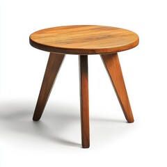 Round wooden side table with three tapered legs.