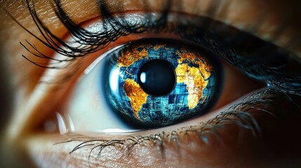 Human Eye with World Map Iris for Global Awareness and Vision Care