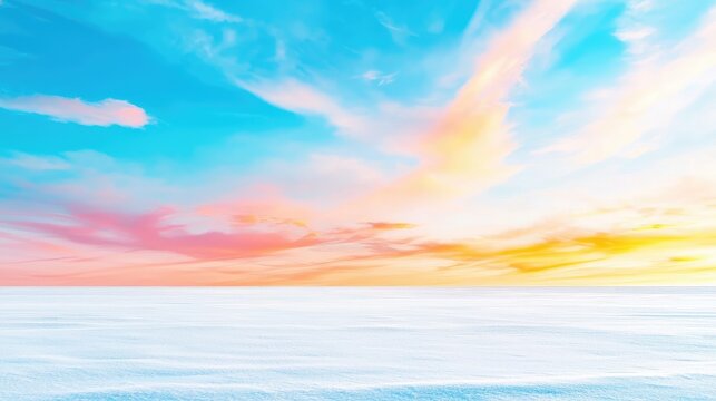 Colorful sunset over snowy field, winter landscape, serene nature scene, perfect for travel or calendar