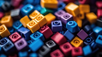 Colorful plastic blocks pile close-up.