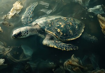 Fototapeta premium Marine turtle swimming through plastic waste in ocean water, highlighting environmental pollution and the impact on aquatic life in a striking underwater scene