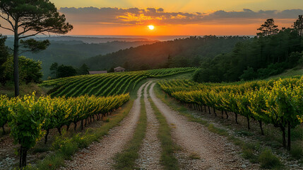 Fototapeta premium Sunset Over Vineyard Landscape