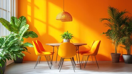 Sunny yellow dining room with plants.
