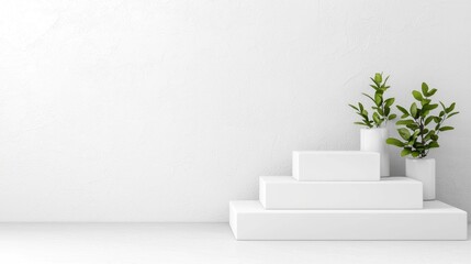 Obraz premium White rectangular podium steps stand against a clean wall with green potted plants for minimalist product display.