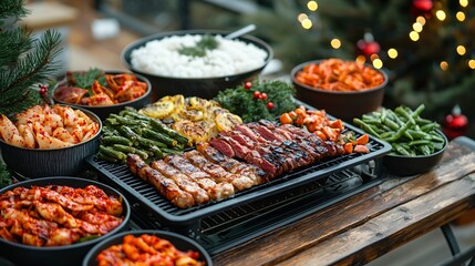 Fototapeta premium Festive Holiday Feast Spread with Grilled Meat and Assorted Dishes on a Wooden Tabletop.