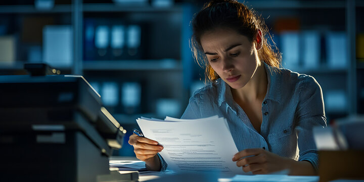 Woman working late at office with documents, Employee reviewing paperwork in corporate office
