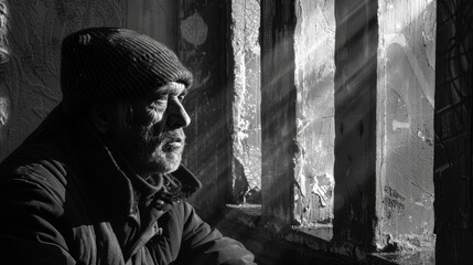 Man sitting in a window sill looking out, homeless person