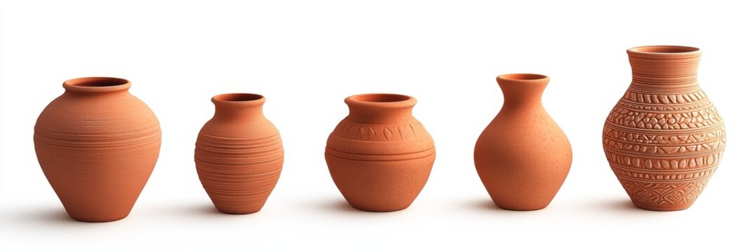Five terracotta pots of varying sizes and designs, isolated on white.