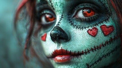 Obraz premium Person with Painted Face and Heart Accents in a Fictional Artistic Presentation.