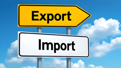 Obraz premium Import export yellow sign board against blue sky, trade between countries, trade surplus, tariff.