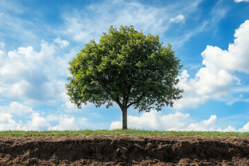 Obraz premium solitary tree stands on grassy hill under bright blue sky with fluffy clouds, symbolizing nature beauty and tranquility