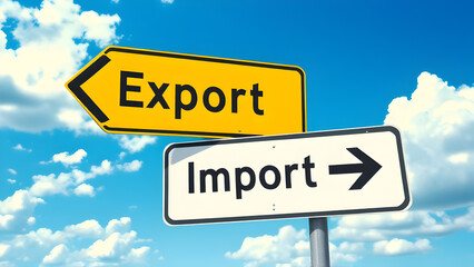 Fototapeta premium Import export yellow sign board against blue sky, trade between countries, trade surplus, tariff.