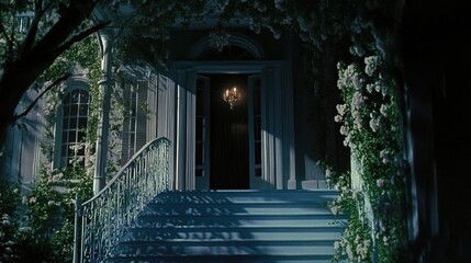 Obraz premium Enchanting Entrance with Chandelier Surrounded by Lush Flora
