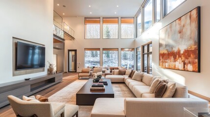 Fototapeta premium Minimalist modern living room with sleek TV and large windows, AI generated image