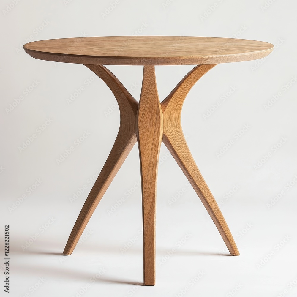 Poster Modern round wooden side table with unique three-legged base.