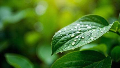 Fototapeta premium Delicate raindrops glistening on green leaf, nature's serenity