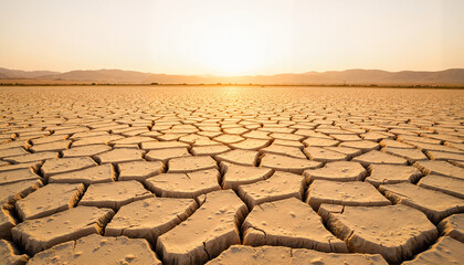 Fototapeta premium Drought cracked soil under morning light, environmental awareness