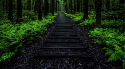 Wooded path steps leading into forest; lush ferns, tranquility