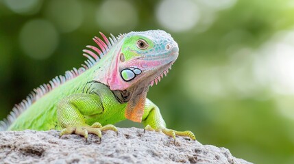 Obraz premium Green iguana on rock, lush background, wildlife closeup, nature photography, stock image