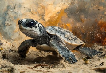 Fototapeta premium Newly Hatched Sea Turtle Crawling on Sandy Beach Towards Ocean Under Sandy Background with Warm Tones and Soft Light