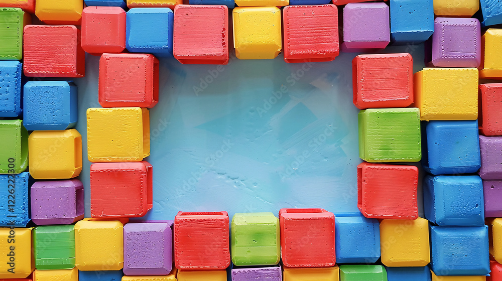 Poster empty square frame of colorful wooden toy cubes on a blue background with space for text