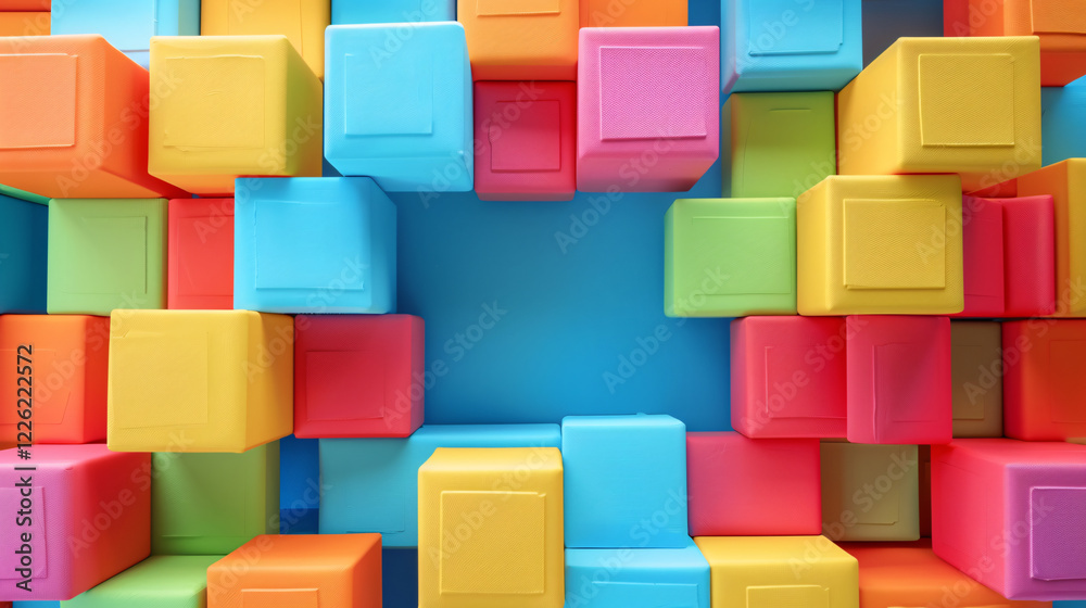 Poster colorful cubes forming a frame on a blue background, creating a cheerful and playful atmosphere